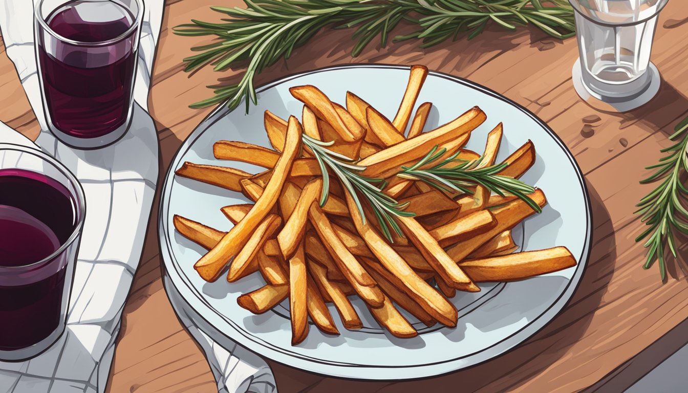 A plate of reheated Alexia rosemary fries next to a sprig of fresh rosemary and a glass of red wine