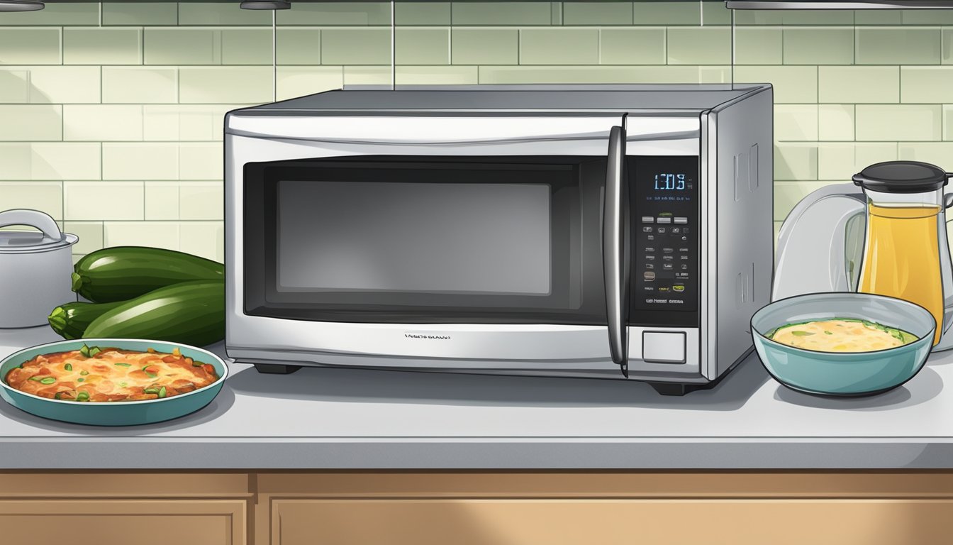 A microwave and oven sit next to a zucchini lasagna on a kitchen counter. A steaming pot of water and a skillet are also visible