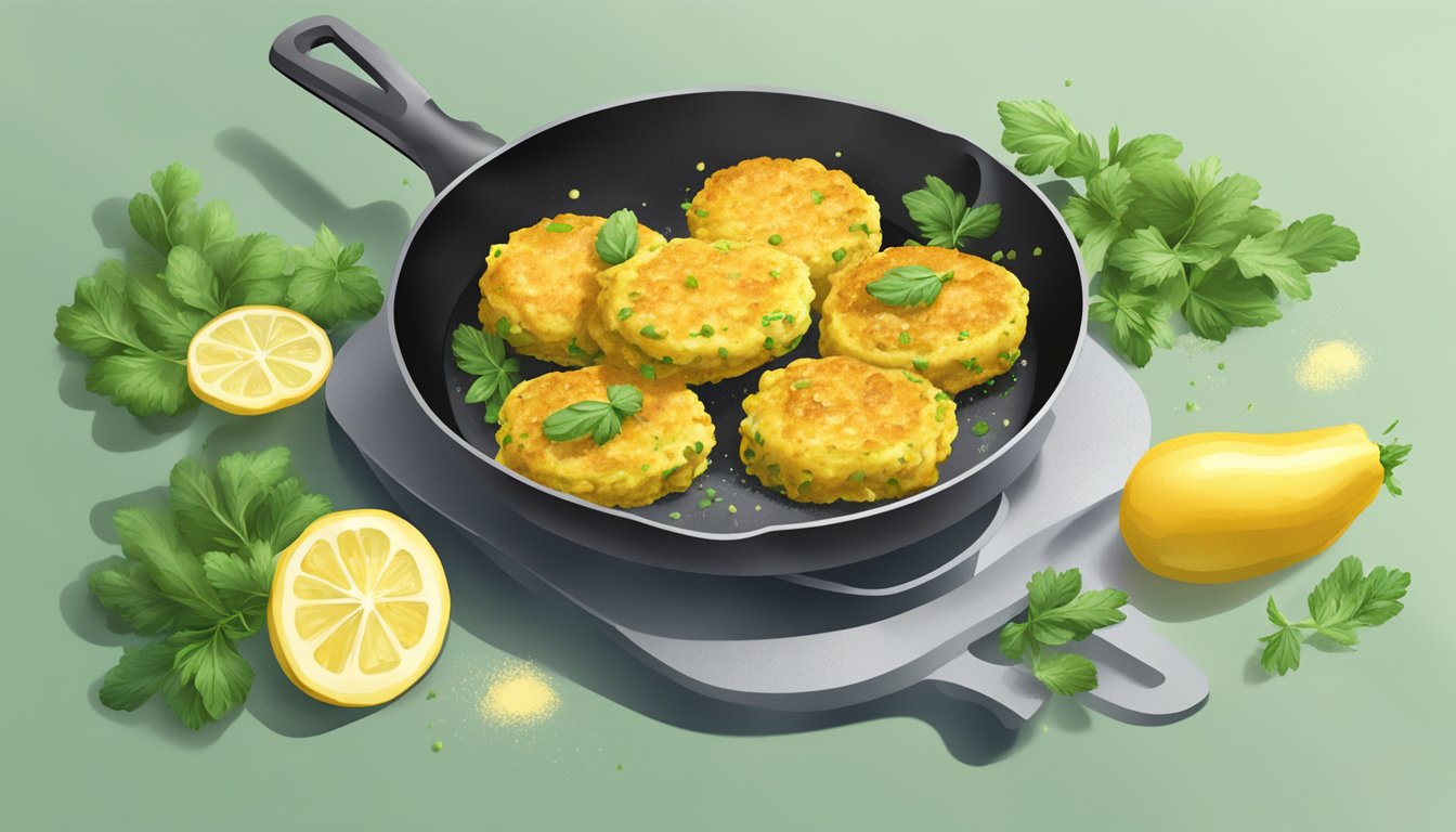 A plate of golden zucchini fritters being reheated in a skillet, with steam rising and a sprinkle of fresh herbs on top