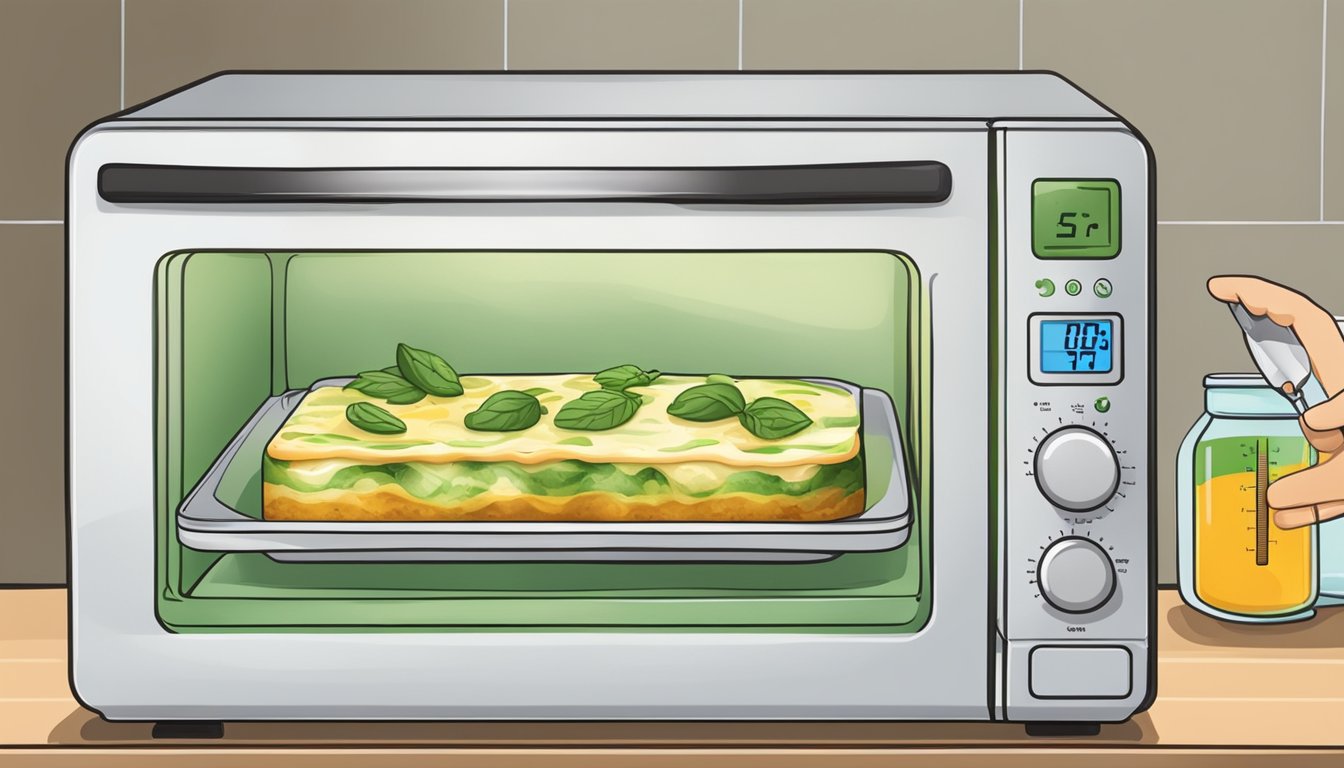 A person placing a dish of zucchini lasagna into the microwave with a cover on top, while checking the temperature with a food thermometer