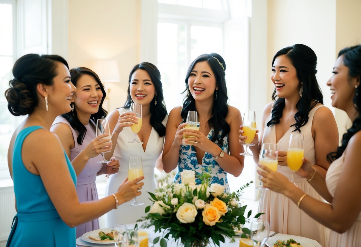 A group of women gather in a bright, elegant room, sipping drinks and sharing laughter as they celebrate the upcoming wedding