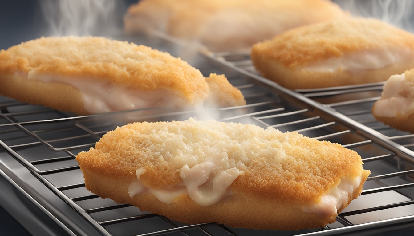 A plate of Aldi's specially selected chicken cordon bleu being reheated in the oven, with steam rising from the crispy golden breading