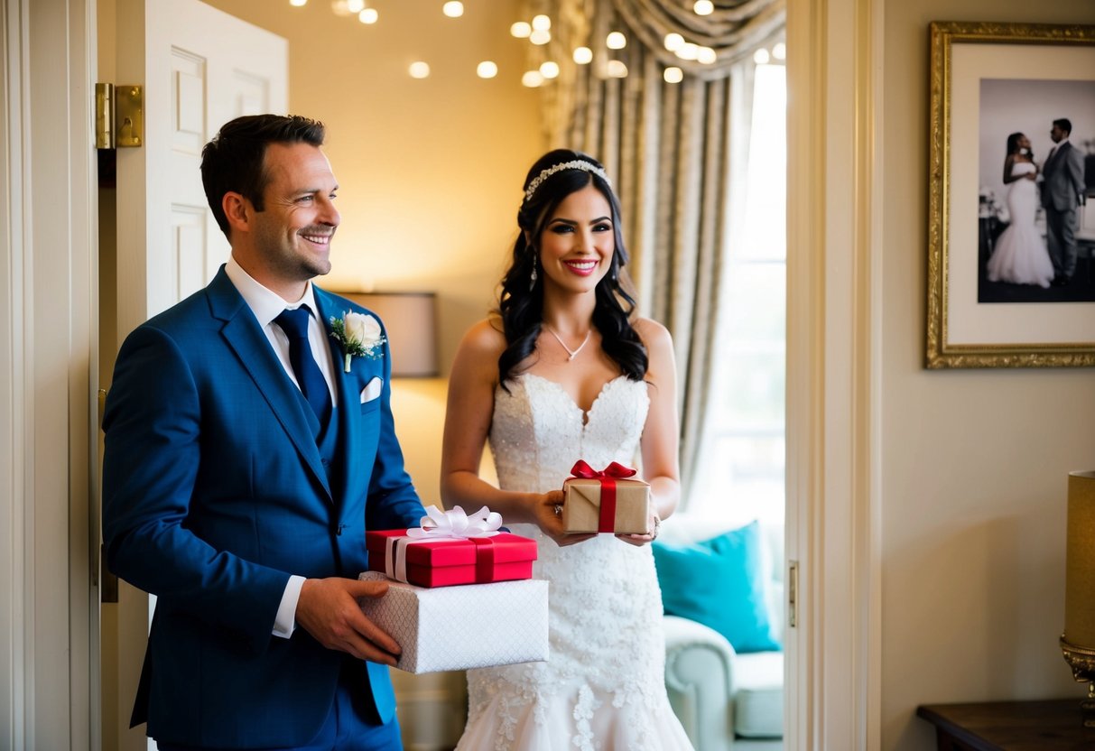 A man stands at the entrance of a decorated room, holding a gift and smiling as he watches the bride-to-be open presents