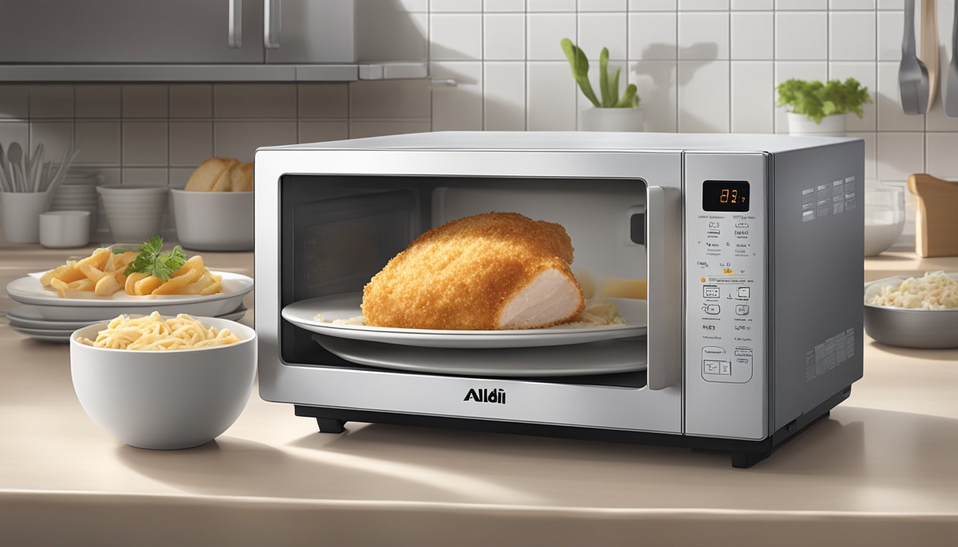 A microwave with a plate of Aldi's specially selected chicken cordon bleu inside, steam rising as it reheats