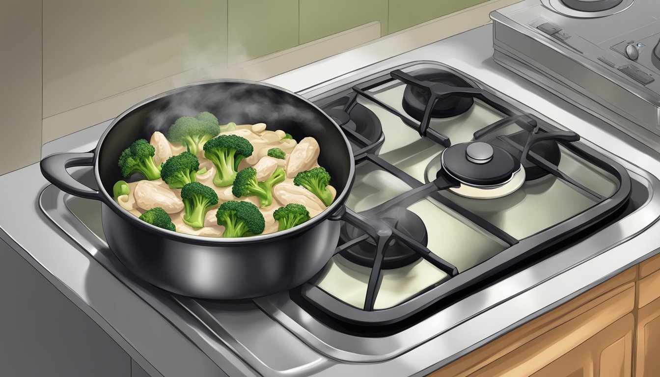 A pot of alfredo chicken and broccoli being reheated on a stovetop