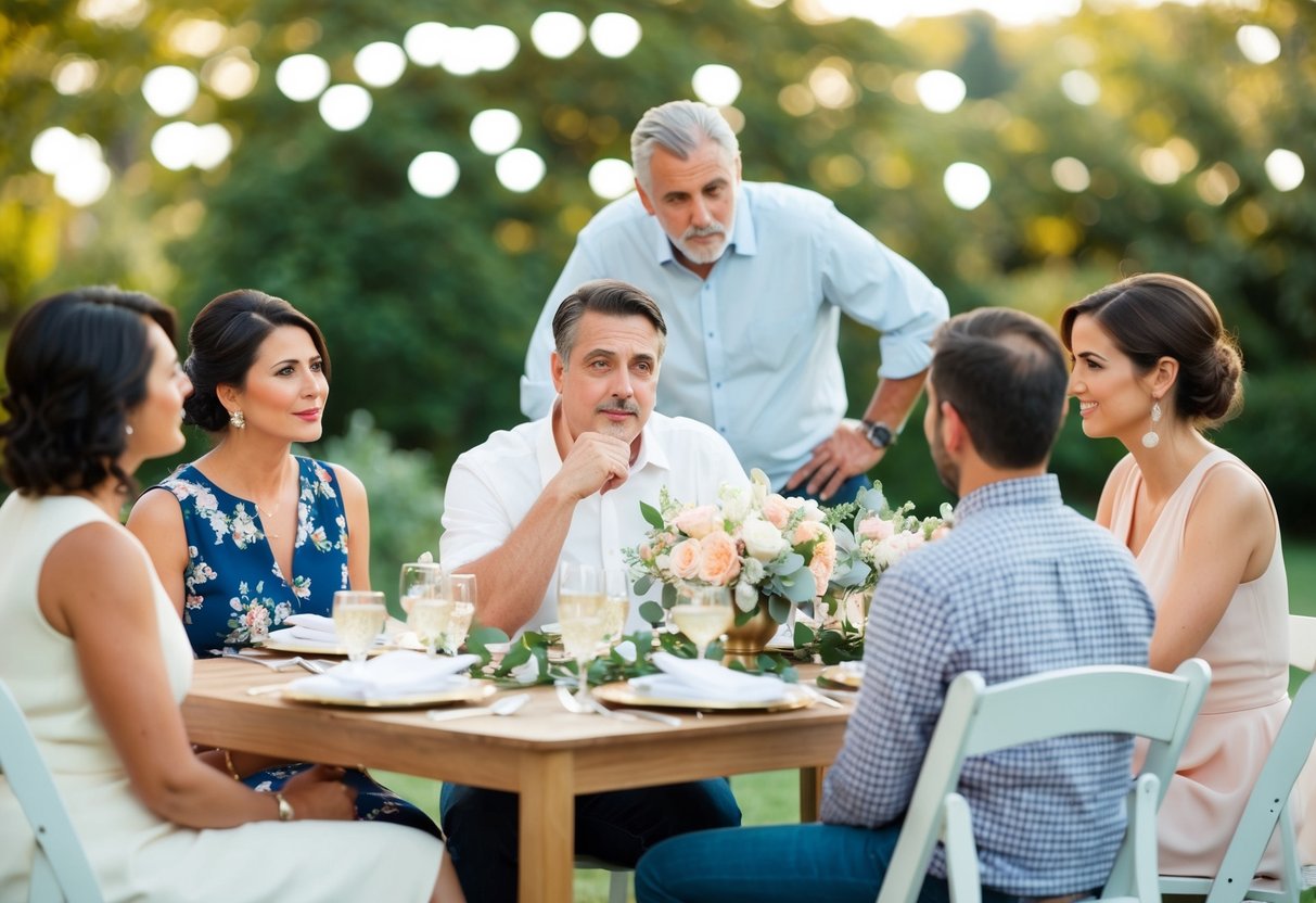 A family discussing the guest list for a bridal shower, with the father of the bride in the background, pondering whether he should attend