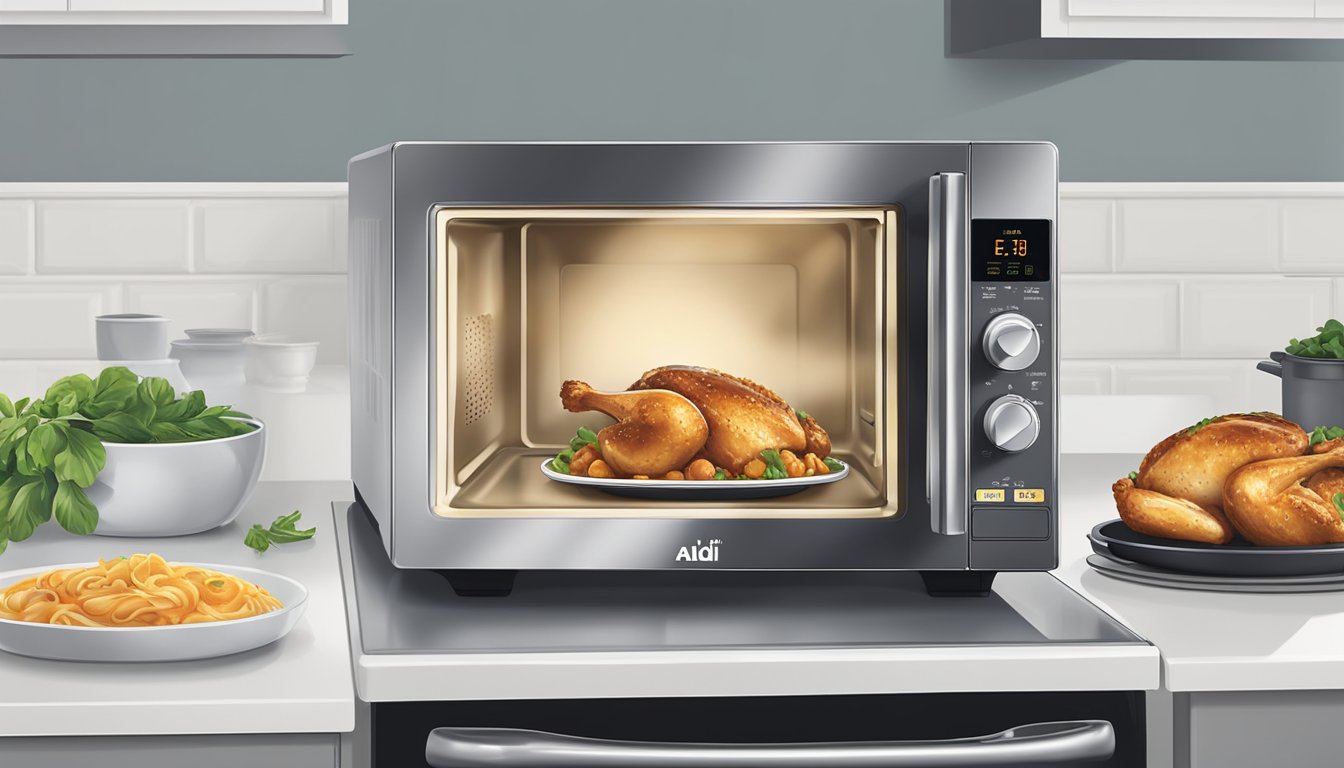 A microwave with a plate of Aldi's specially selected chicken marsala inside, a steaming pot on the stove, and an oven with the dish inside