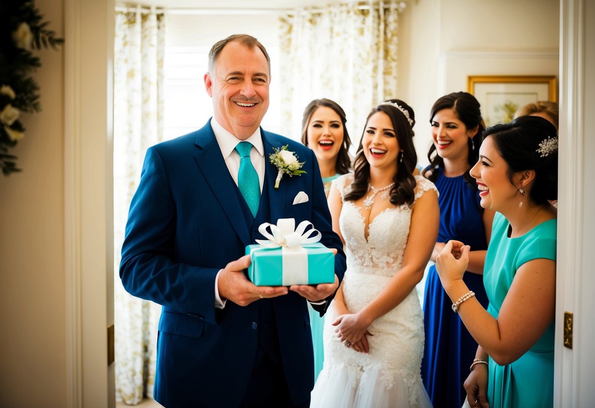 A father stands outside a decorated room, holding a gift and smiling. Inside, women gather around the bride, laughing and chatting