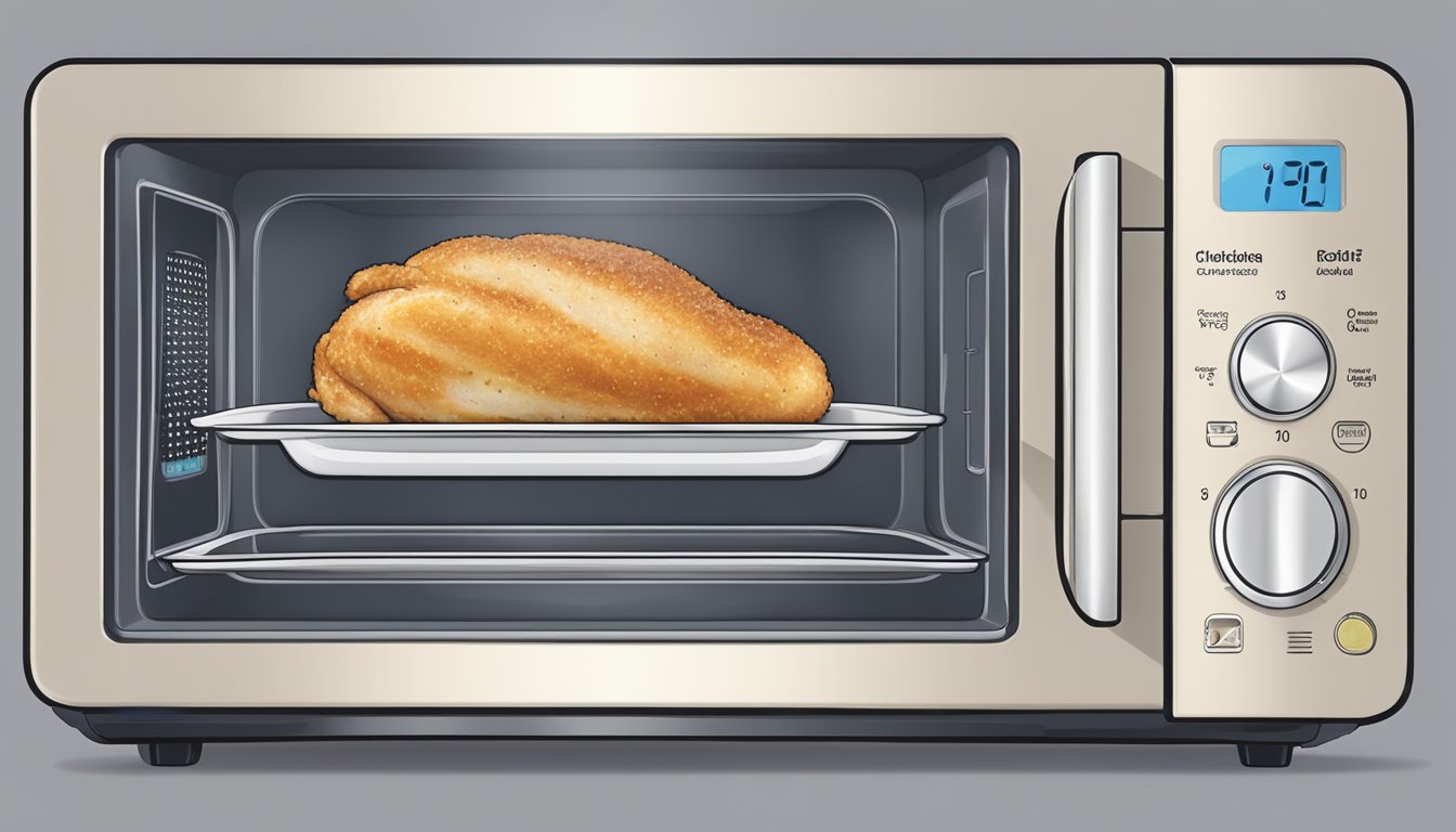 A plate with Aldi's specially selected chicken cordon bleu inside a microwave, with the microwave door closed and the timer set