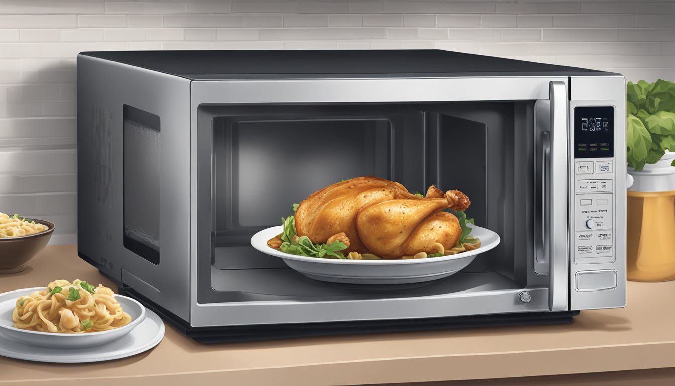 A microwave with a plate of Aldi's specially selected chicken marsala inside, rotating as it heats up