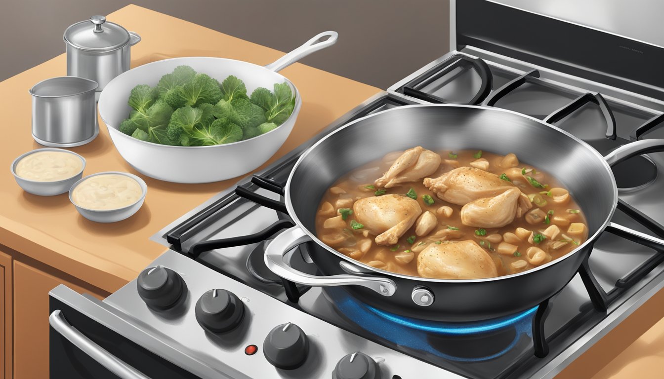 A saucepan on a stovetop with Aldi's specially selected chicken marsala being reheated, steam rising from the pan