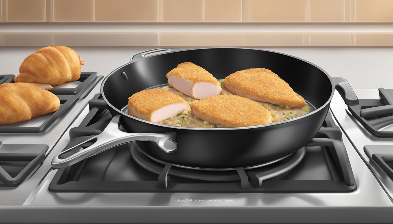 A skillet on a stovetop with Aldi's specially selected chicken cordon bleu being reheated for maximum flavor