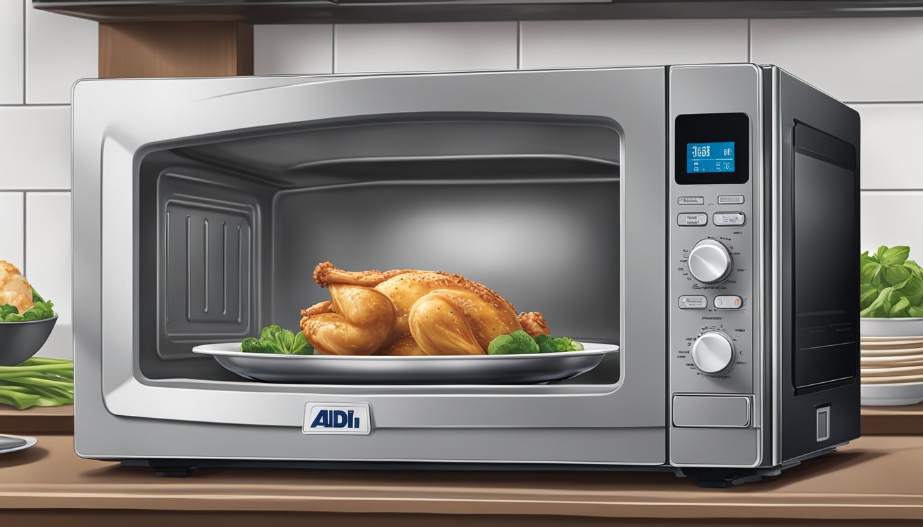 A microwave with a plate of Aldi's Specially Selected Chicken Marsala inside, with the oven door open and the food being heated