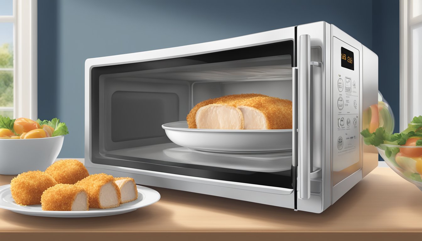 A microwave with a plate of Aldi's specially selected chicken cordon bleu inside, steam rising from the hot food