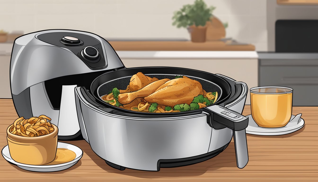 A chicken marsala dish placed in an air fryer, with the air fryer turned on and the food being heated inside