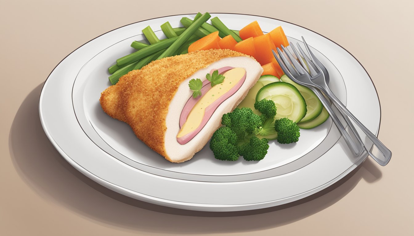 A plate of reheated Aldi's specially selected chicken cordon bleu with a side of steamed vegetables and a garnish of fresh herbs