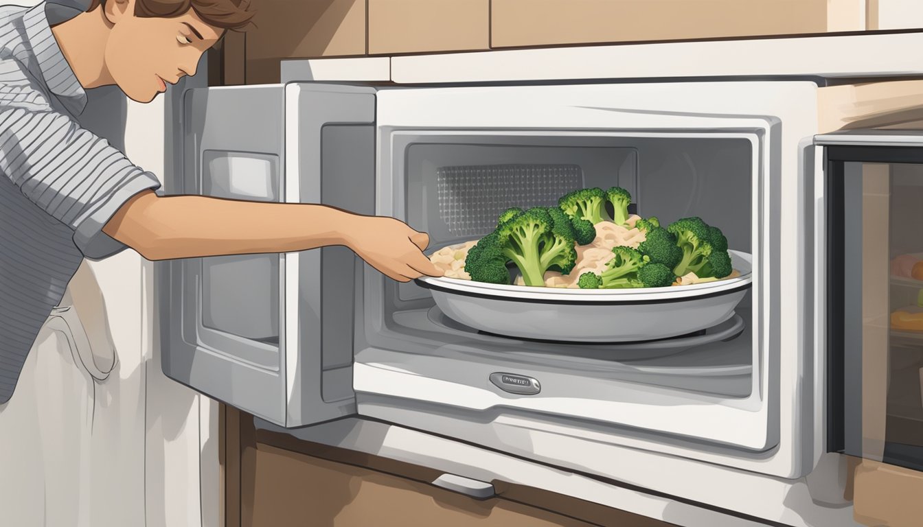 A microwave-safe dish with leftover alfredo chicken and broccoli placed inside, a microwave oven with the door open, and a person pressing the buttons to reheat the meal