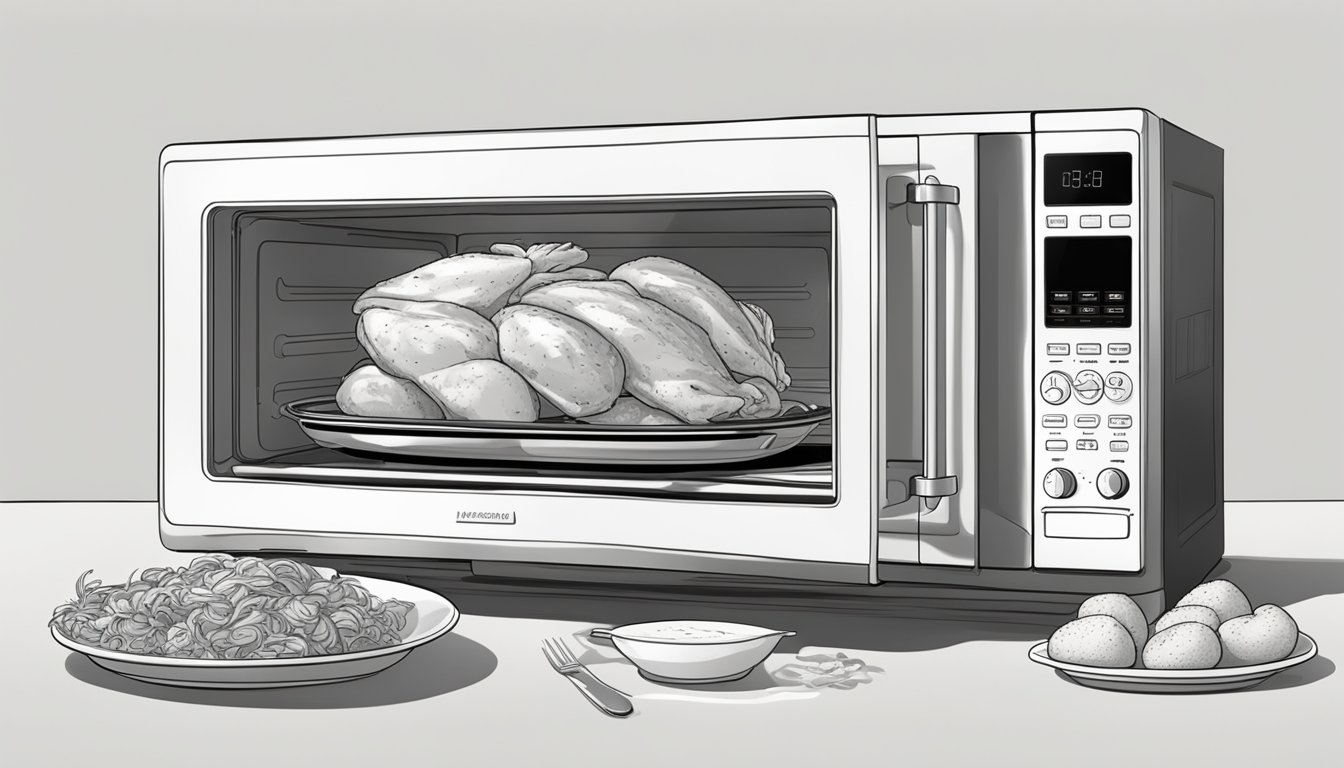 A microwave with two plates of chicken marsala, one with individual servings and the other with a large portion, ready to be reheated