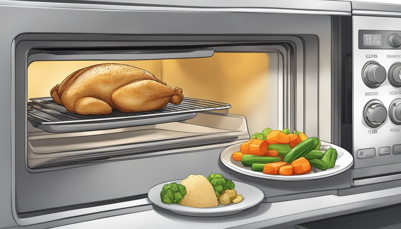 A steaming chicken cordon bleu on a plate with a side of vegetables, surrounded by a microwave and oven with clear instructions for reheating