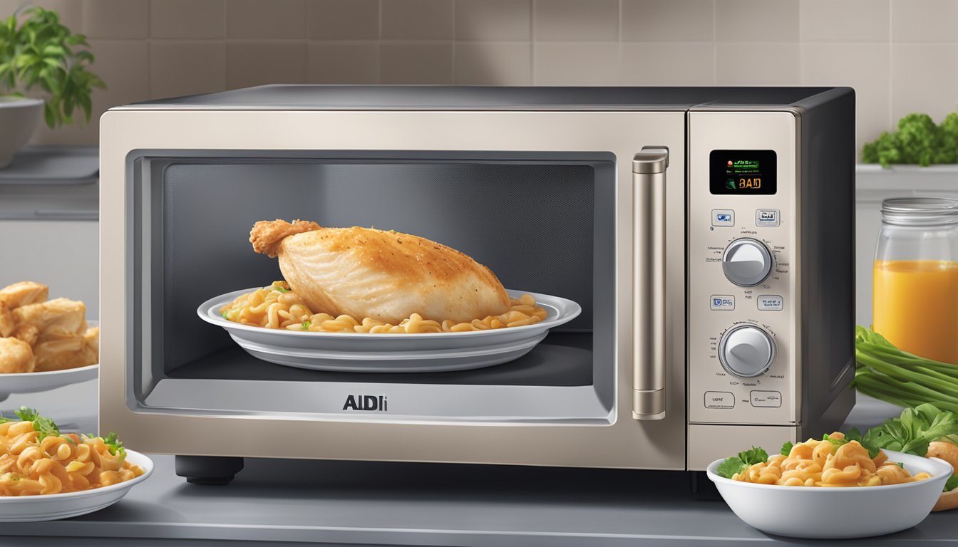 A microwave with a plate of Aldi's specially selected chicken marsala inside, steam rising from the dish