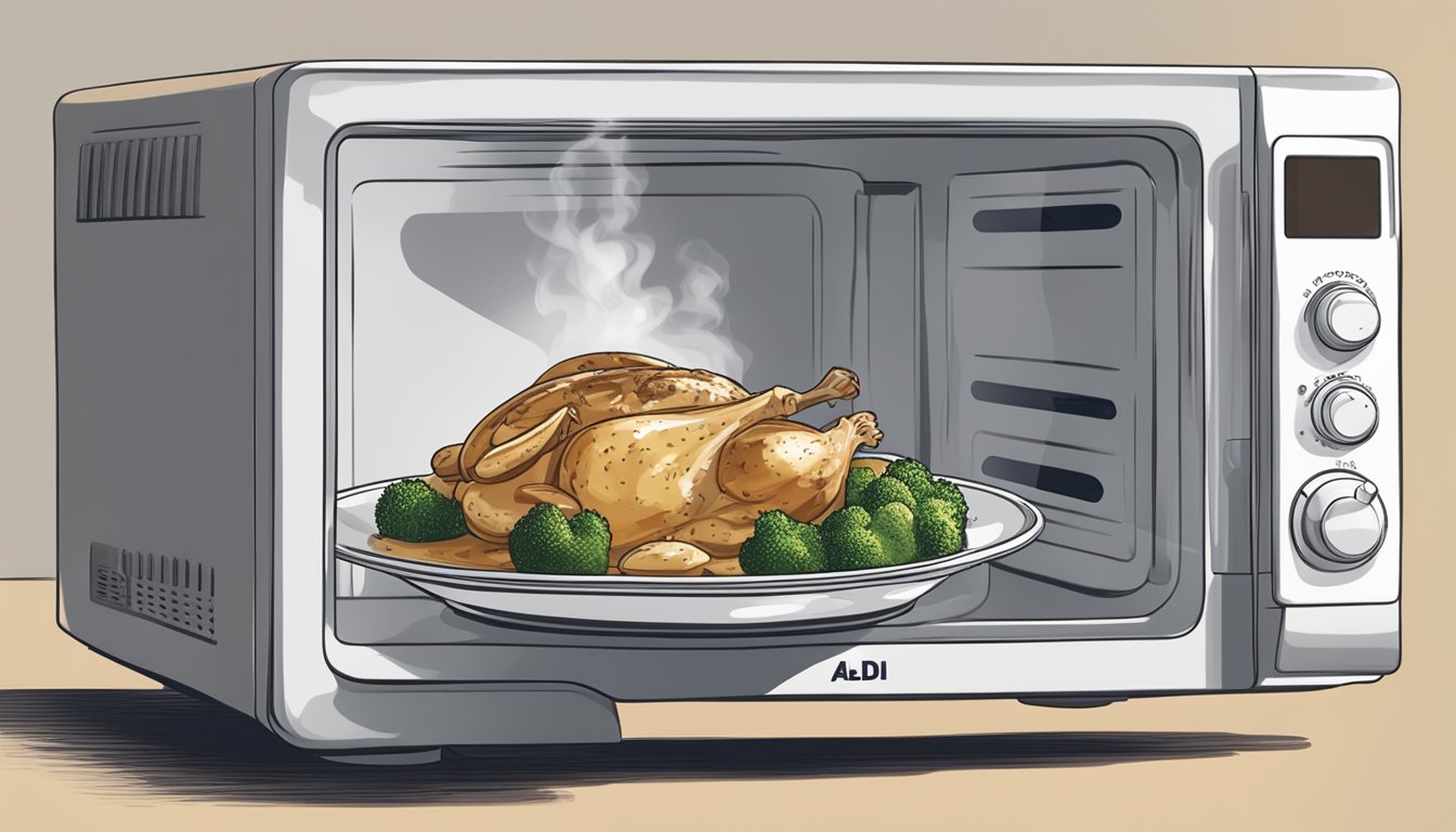 A plate of Aldi's specially selected chicken marsala being reheated in the microwave with steam rising from the dish