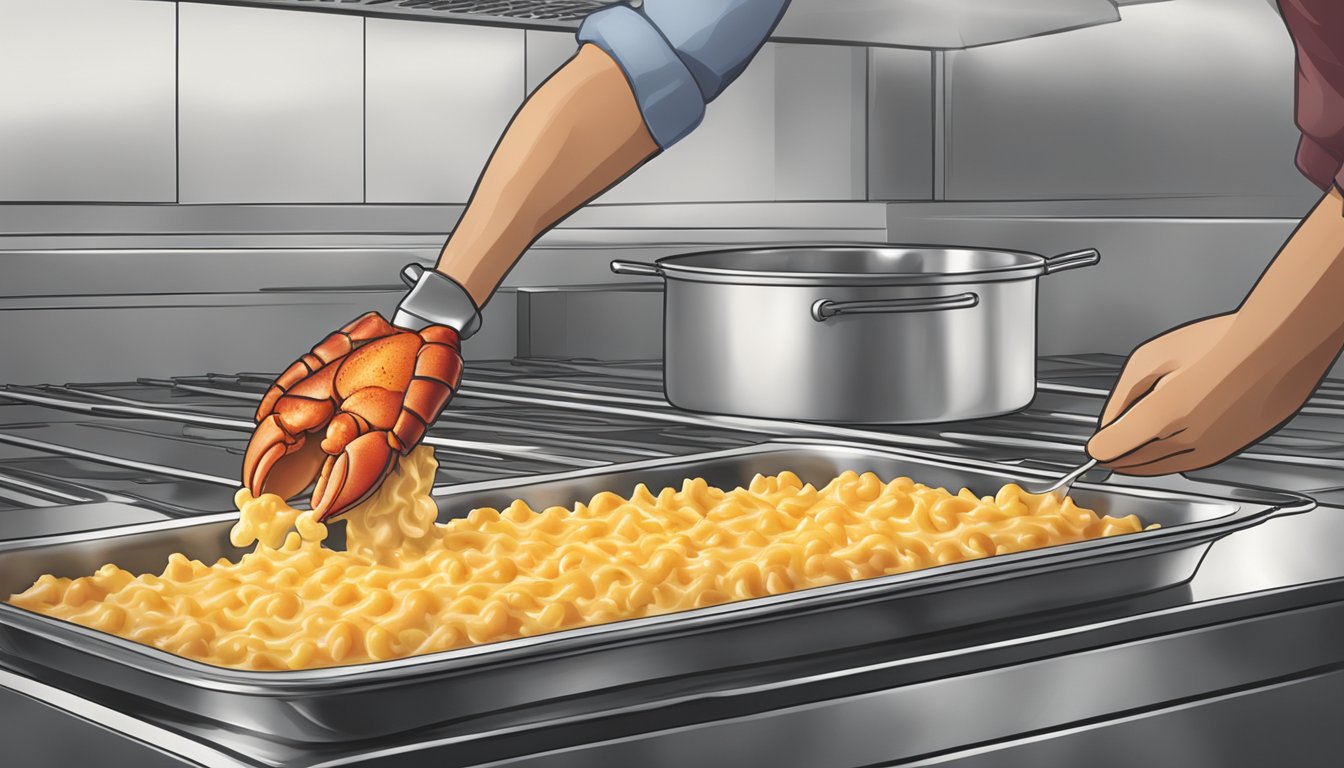 A steaming dish of Aldi's specially selected lobster mac and cheese being carefully placed into a preheated oven