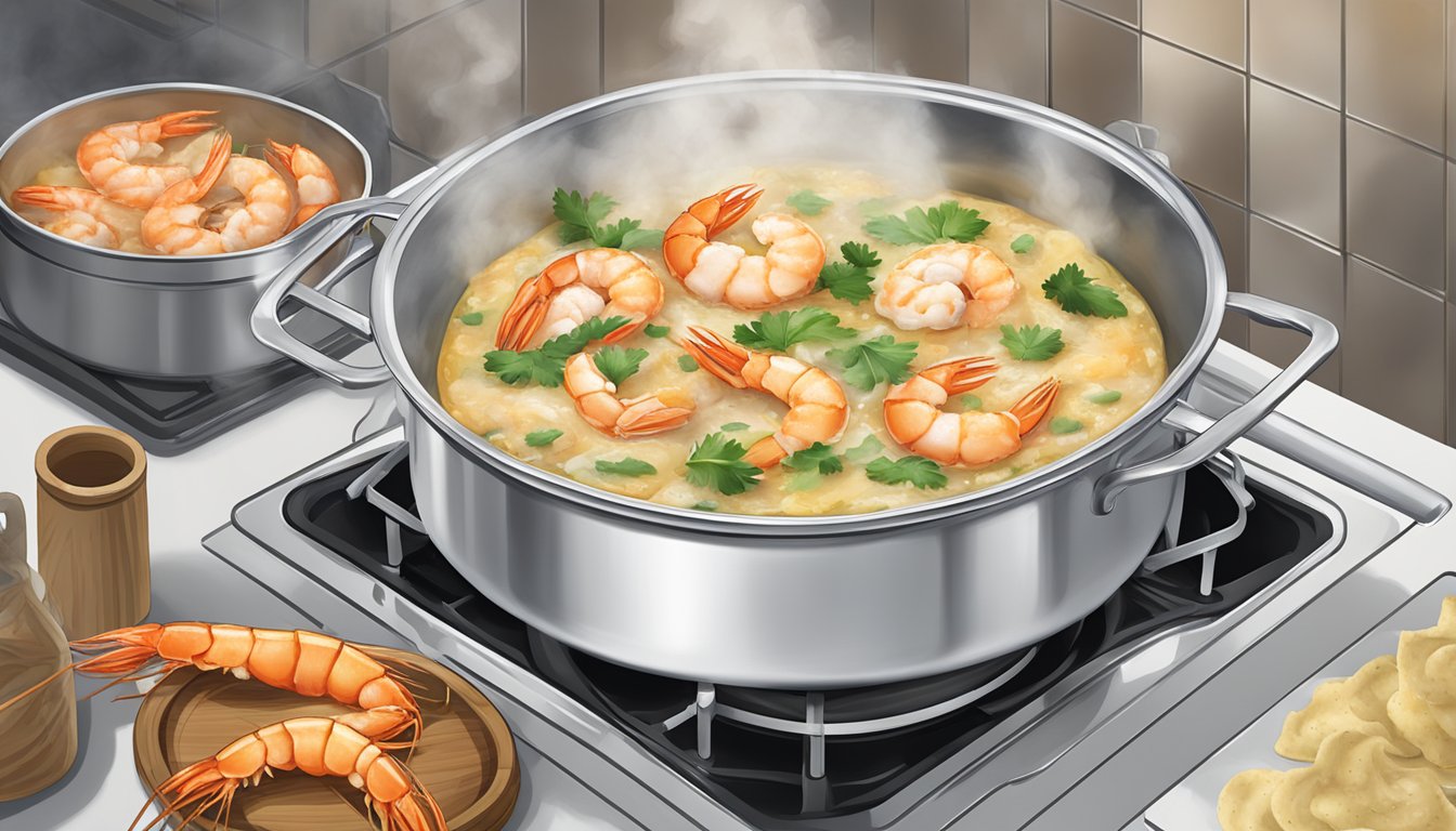 A steaming pot of water with a basket of Aldi's specially selected shrimp crab ravioli being gently lowered in for reheating