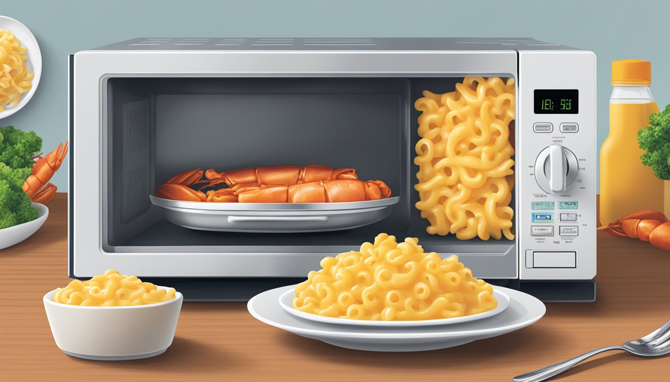 A microwave with a bowl of Aldi's specially selected lobster mac and cheese inside, a fork resting on the side