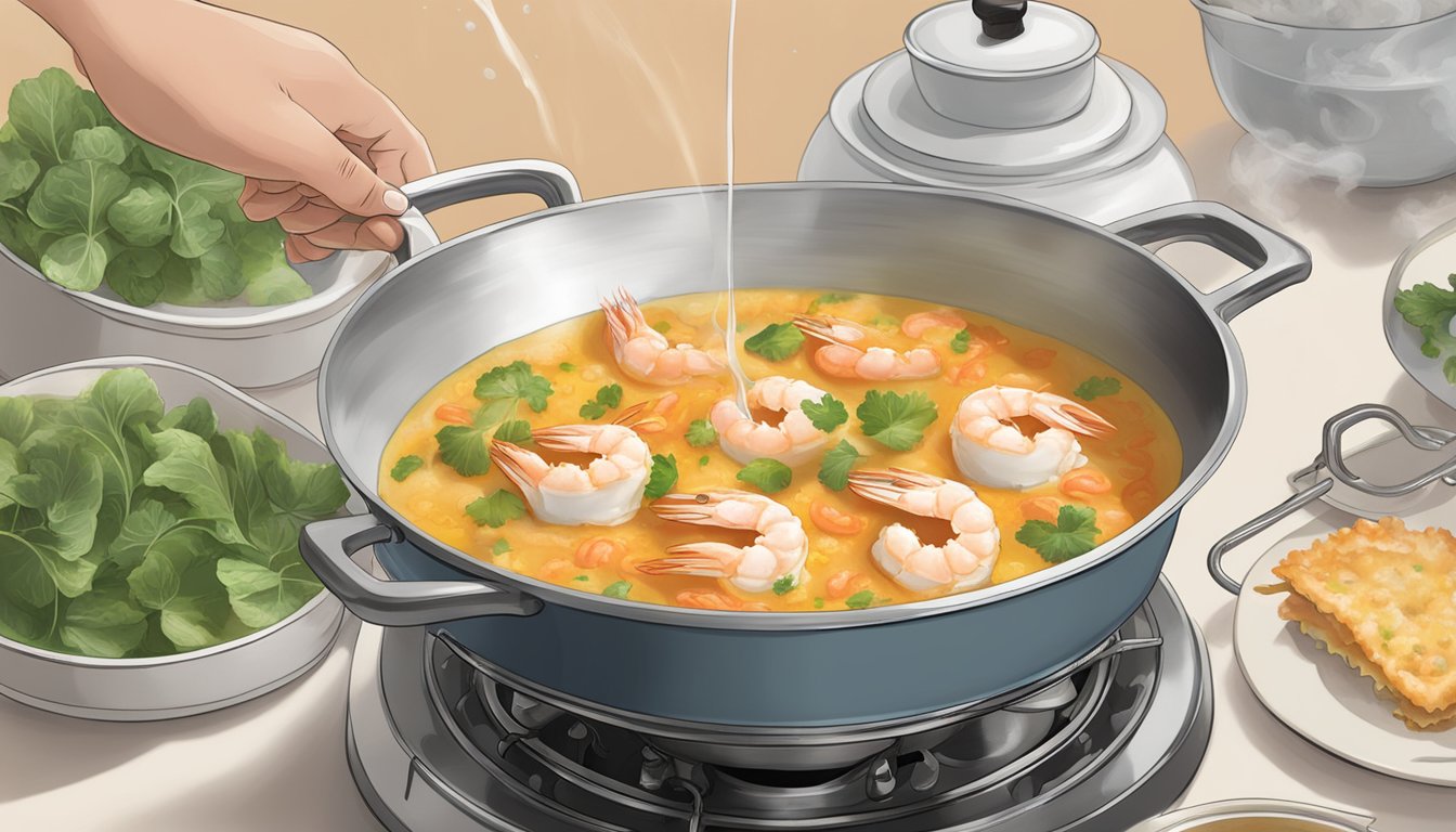 A pot of boiling water with Aldi's shrimp crab ravioli being gently dropped in, steam rising