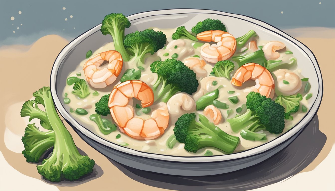 A steaming dish of reheated alfredo shrimp and broccoli in a shallow bowl, with the creamy sauce clinging to the perfectly cooked seafood and tender vegetables