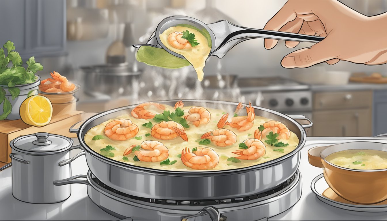 A steaming pot of water with a handful of Aldi's specially selected shrimp crab ravioli being gently lowered in for reheating