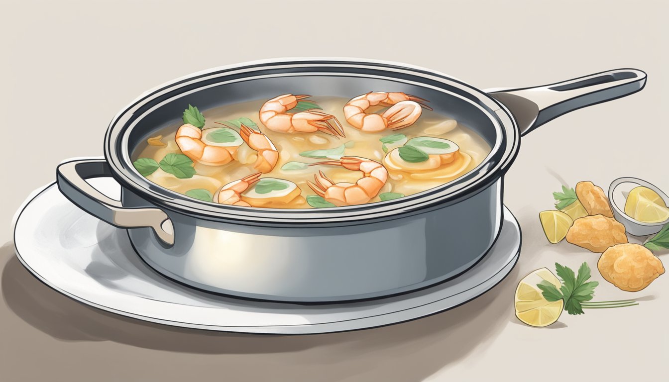 A steaming pot of water, with plump shrimp crab ravioli gently floating to the surface, ready to be reheated and served