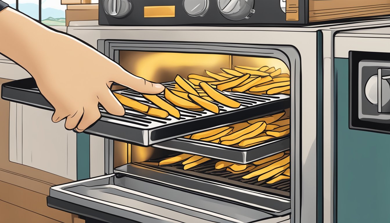 A hand reaching into a hot oven, pulling out a tray of golden, crispy Alexia house cut fries with sea salt