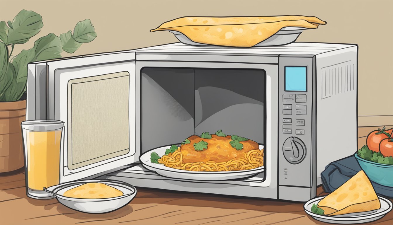 A microwave with a plate of Amy's cheese enchiladas inside, a fork next to it, and a paper towel covering the plate