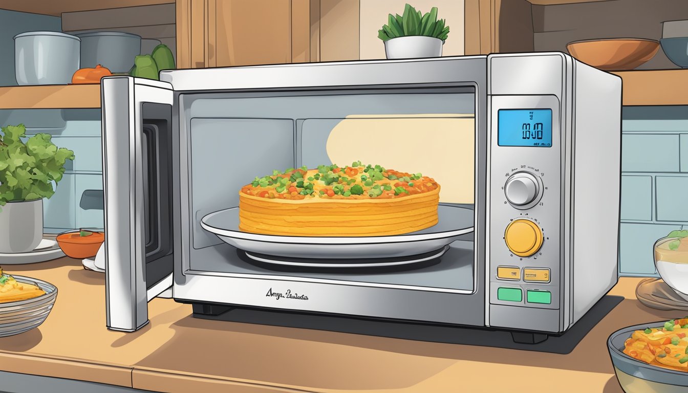 A microwave with a plate of Amy's cheese enchiladas inside, with the timer set and the food rotating on the turntable