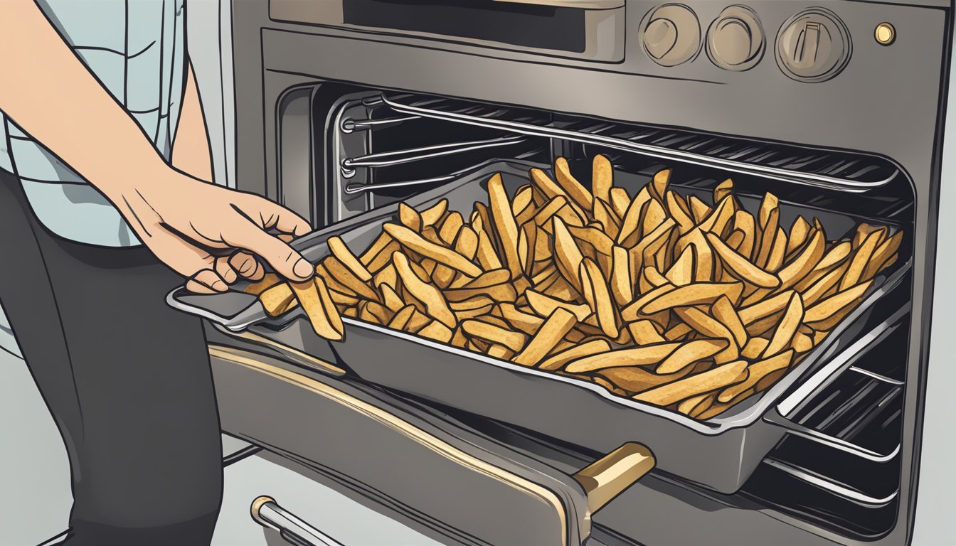 A hand reaching into an oven, pulling out a tray of golden, crispy Alexia Organic Yukon Select fries