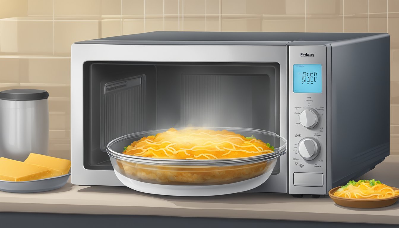 A microwave with a plate of cheese enchiladas inside, steam rising