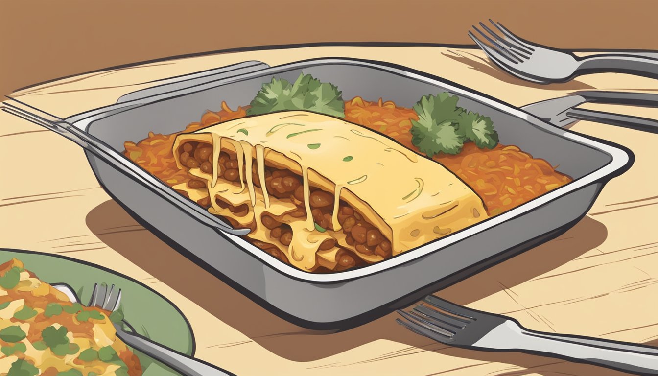 A microwave door opening to reveal a steaming Amy's cheese enchilada on a plate, with a fork nearby