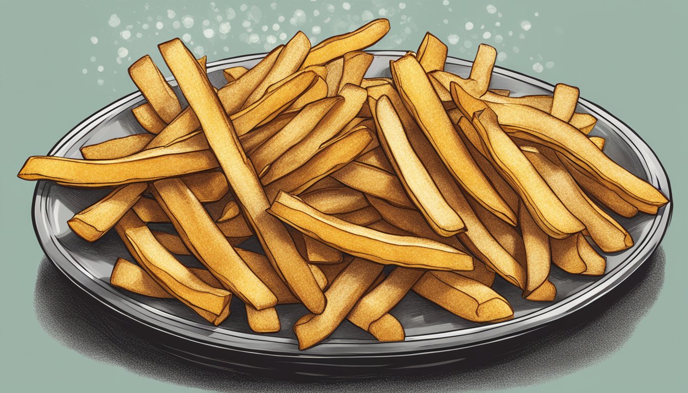 A plate of golden Alexia organic Yukon select fries being reheated in the oven, with steam rising and a sprinkle of seasoning for added flavor