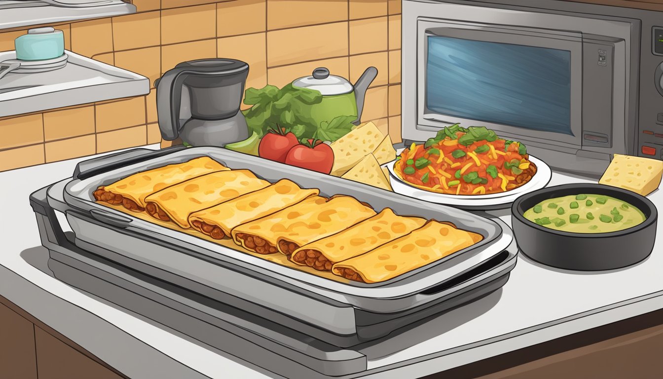 A plate of assorted enchiladas, including cheese enchiladas, being reheated in a microwave