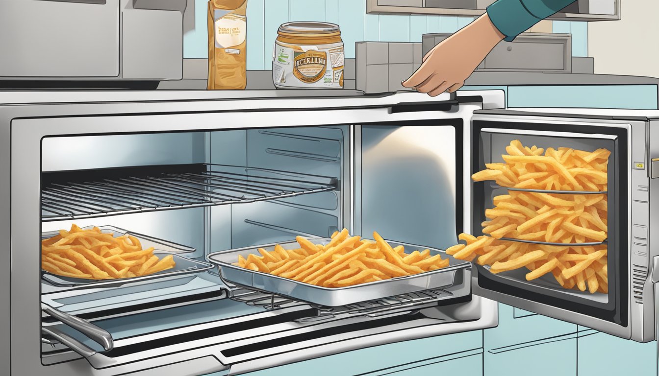 A hand reaches into the freezer, grabbing a bag of Alexia seasoned waffle fries. A microwave sits on the counter, with a plate of hot, crispy fries inside