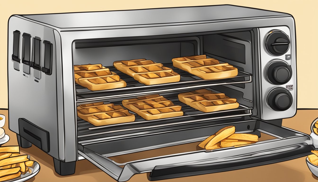 A toaster oven with a tray of seasoned waffle fries inside, the oven door open and the fries beginning to sizzle and brown