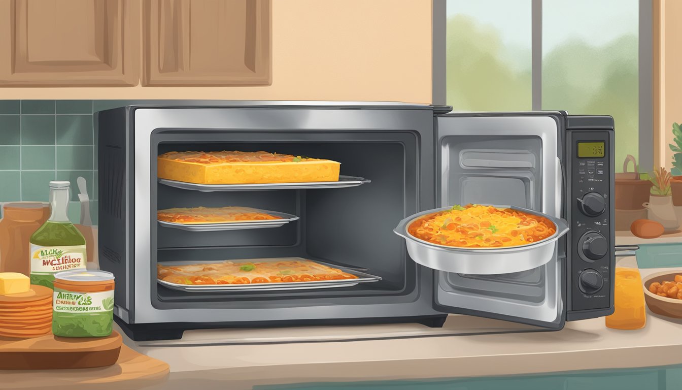 A microwave with a plate of Amy's Kitchen cheese enchiladas inside, a pot of simmering water on the stove, and an oven with enchiladas on a baking sheet