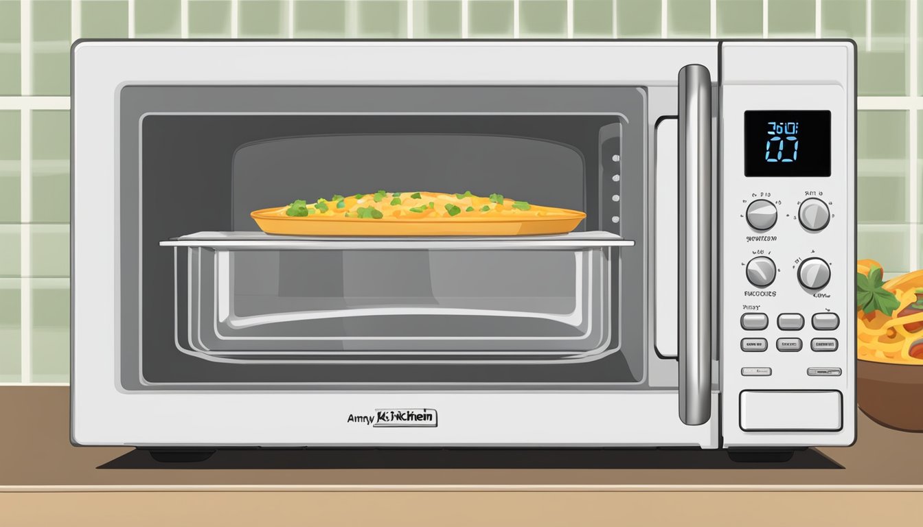 A microwave with a plate of Amy's Kitchen cheese enchiladas inside, the timer set and the door closed