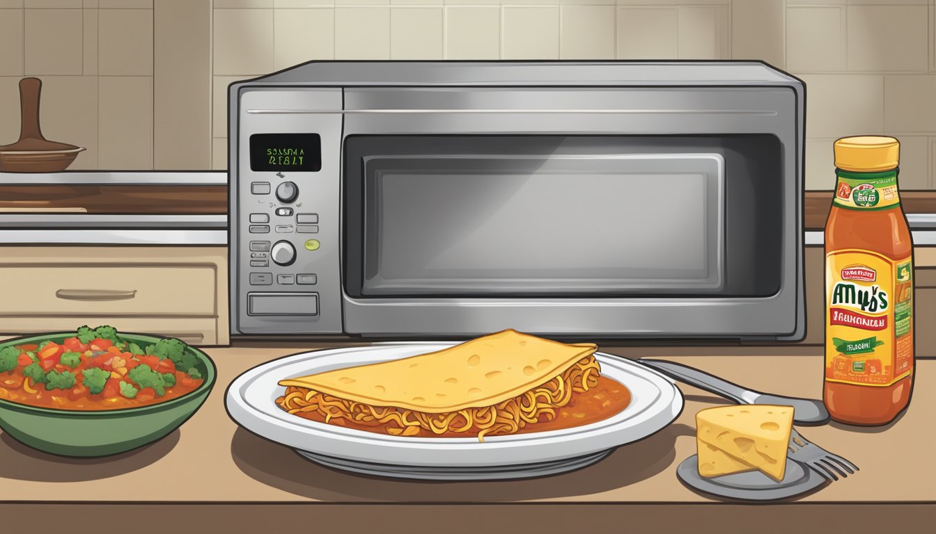 A microwave with a steaming Amy's Kitchen cheese enchilada on a plate, next to a fork and a side of salsa