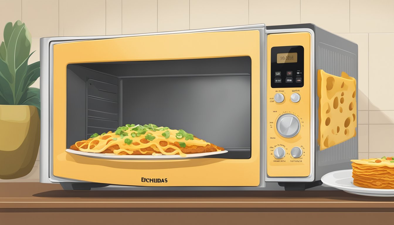 A microwave with a steaming plate of cheese enchiladas inside