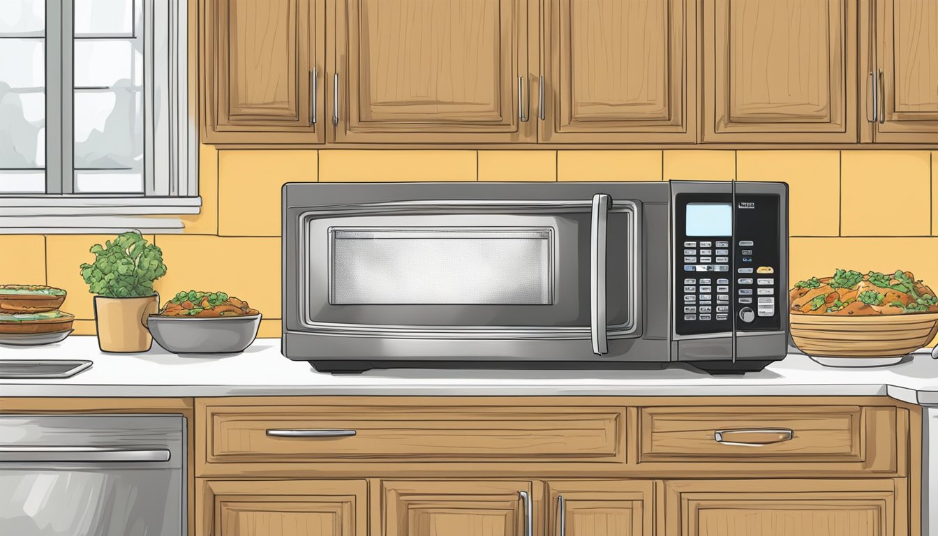 A microwave with an open door, a frozen Amy's Kitchen cheese enchilada on a plate, and a hand reaching for the microwave controls