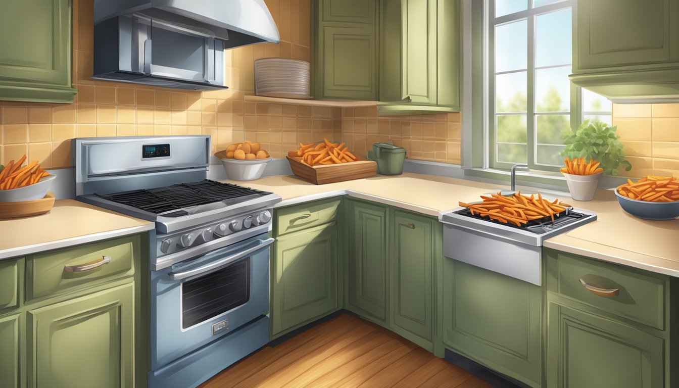 A kitchen counter with a container of sweet potato fries and an open oven door