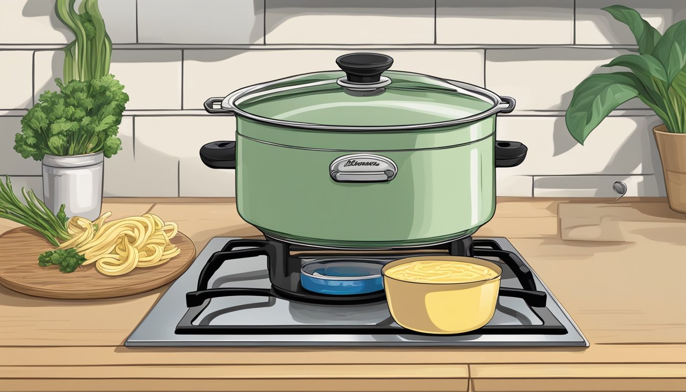 A pot of alfredo primavera simmering on a stovetop