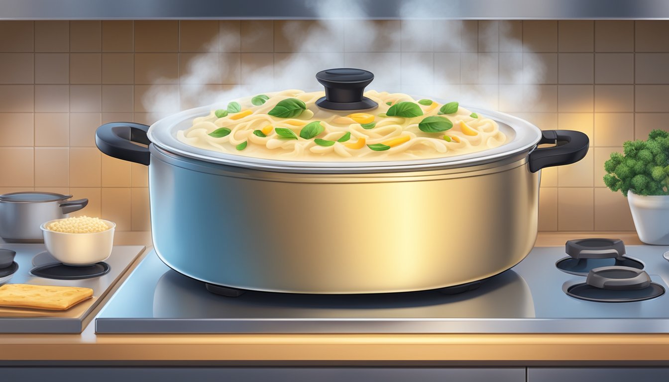 A steaming dish of alfredo primavera sits in a preheated oven, surrounded by the warm glow of the appliance's interior